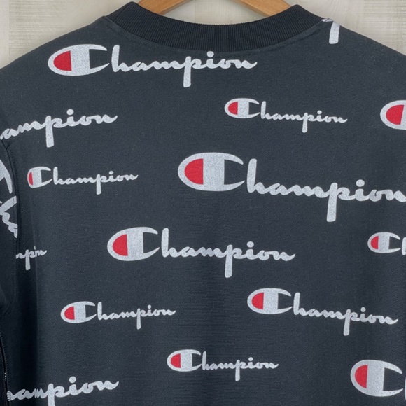 Champion Reverse Weave Men’s All Over Script Black Crew Neck Sweatshirt Medium - Picture 6 of 8